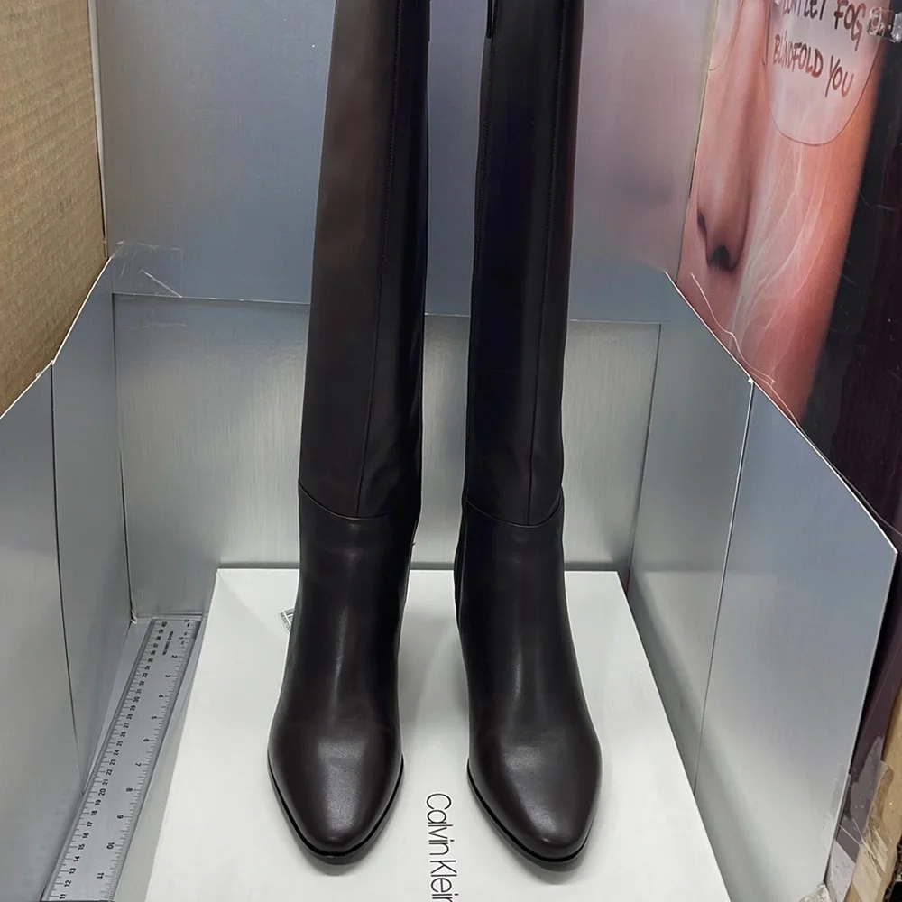 COPY - BNIB Calvin Klein Freda Cow Lather Silk neoprene Brown Long Riding Boot… - Picture 9 of 11